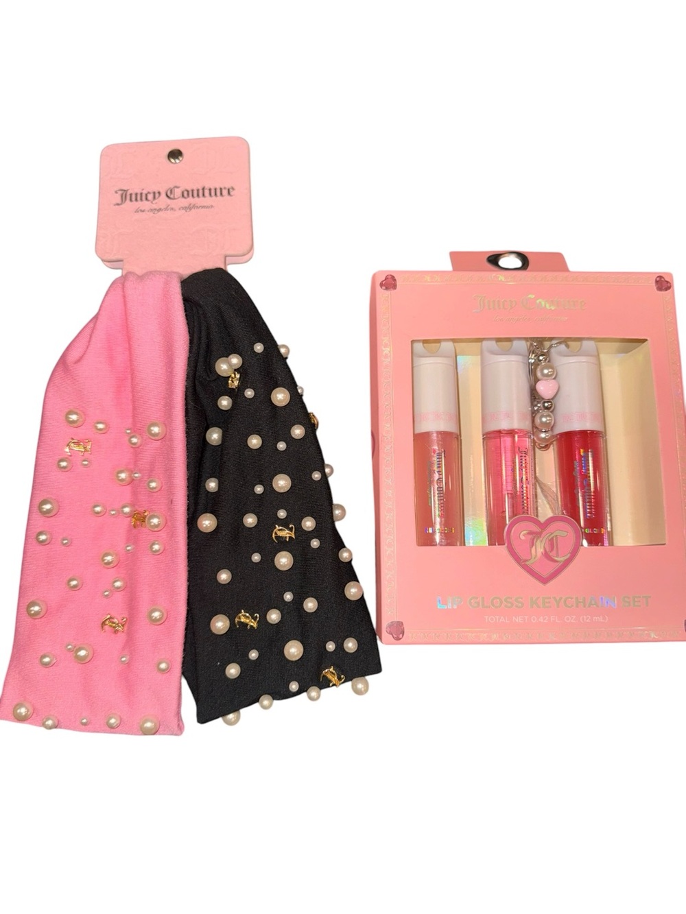 Juicy Couture Pink & Black Pearl Headband and Lip Gloss Keychain Set NWT